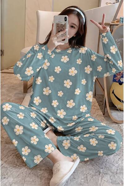 kuzey homewear طقم بيجامة نسائية بأكمام طويلة من ديزي بلوم.