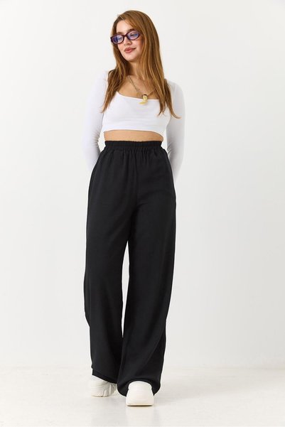 WeShaya Black Comfortable Pants with Elastic Waistband, High-Waist, Wide Legs...