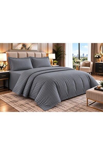 RALEX PUCIOASA Lenjerie de pat Damasc, 100% bumbac – Gri, dungă 1 cm – king size