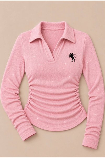 Minga London Bluză premium cu guler polo roz, mânecă decorativă, broderie scl...