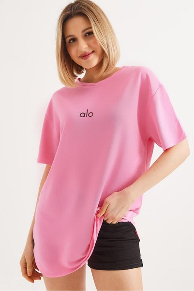 WeShaya Pink Oval-Cut Cotton T-Shirt, Oversized, Drop-Shoulder, Crew Neck, wi...