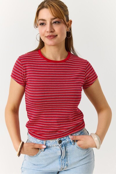 WeShaya Red Striped Crew Neck Shirt, Cotton, Knit, Slim Fit, Short-Sleeved