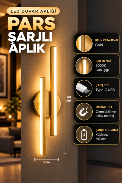 neeko PARS Şarjlı Modern LED Duvar Apliği Günışığı Taşınabilir Usb GOLD KASA