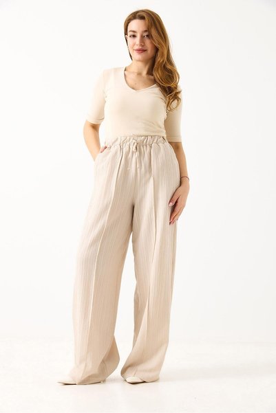 WeShaya Cream Loose-Fit Linen Pants, High-Waisted, Wide-Leg, Ruched