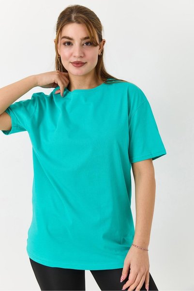WeShaya Green Crew Neck T-Shirt, Oversized, Knit, Stretchy, Drop Shoulder