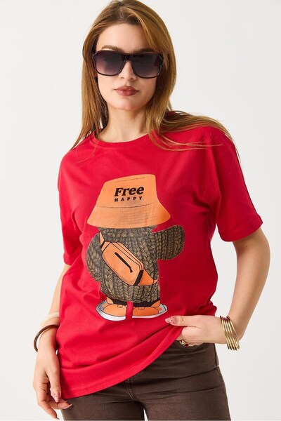 WeShaya Red Printed Crew-Neck T-Shirt, Cotton