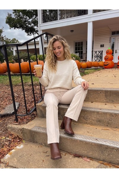 WeShaya Cream High-Waisted Crepe Pants, Flared Legs, Slim Fit