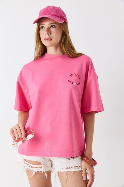 WeShaya Pink Text-Printed Cycling T-Shirt, Cotton, Knit, Oversized, Loose Fit