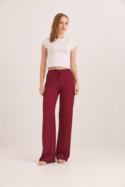 WeShaya Burgundy Bubble-Knit Pants, High-Leg, Wide-Leg, Relaxed Fit, Ruched