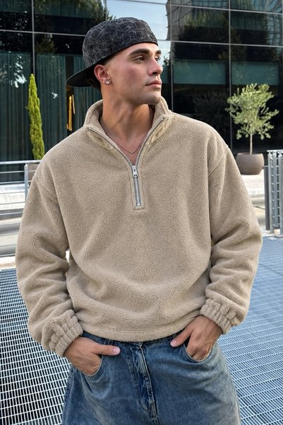 DAMGA JEANS Ανδρικό φούτερ με ορθό γιακά και φερμουάρ, σε μπεζ χρώμα, για καθ...