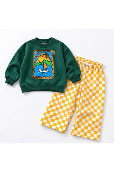 Patriko GIRLS' AND BOYS' 3-PLY COTTON GREEN SWEATSHIRT AND PANTS SET