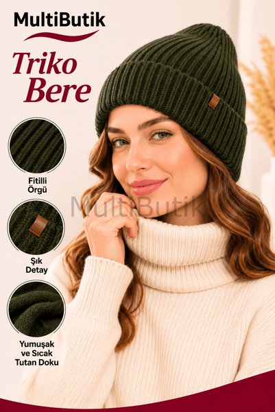 MultiButik Materiat cu striații din tricot cu bordură – Verde kaki