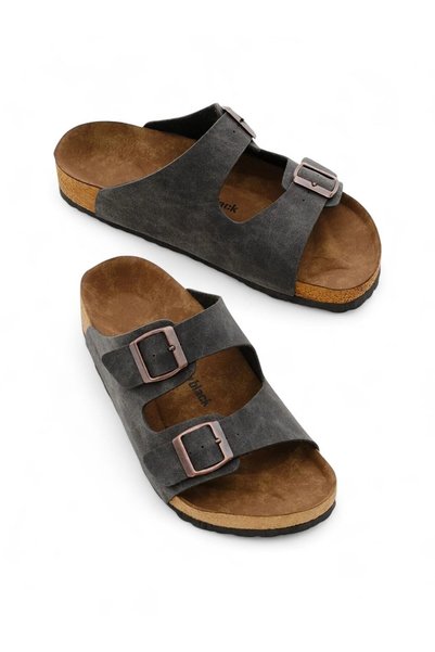 WeShaya Anthracite Double-Strap Slippers, Suede
