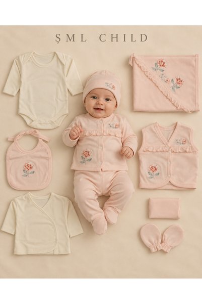 Kız Bebek Somon Pembe Ekru Çiçek Nakışlı Fırfırlı 10 Parça Yenidoğan Hastane Çıkışı Seti Battaniyeli Şapkalı Eldivenli