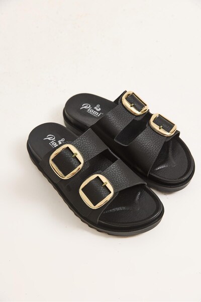 WeShaya Black Slippers with Double Buckles, Adjustable, with Straps, Faux Lea...