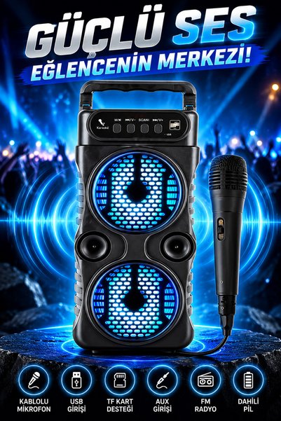 Omaze Bluetooth Hoparlör Karaoke Kablolu Mikrofonlu Taşınabilir Şarjlı Güçlü ...