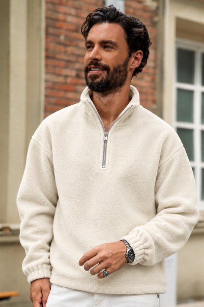 DAMGA JEANS Men’s Half-Zip Mock Neck Ecru Fleece
