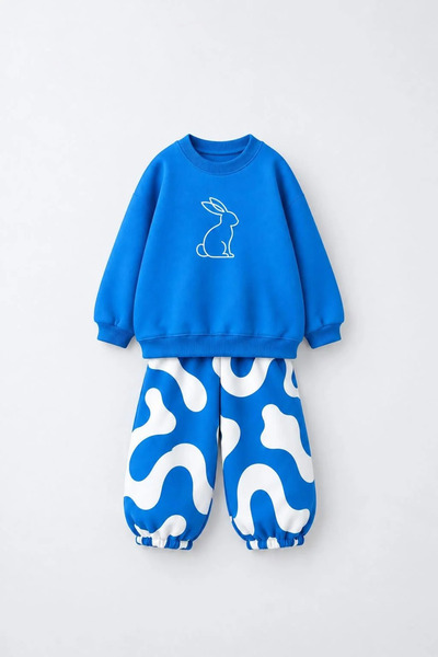 Patriko BOYS' AND GIRLS' BLUE COTTON SWEATSHIRT AND PATTERNED PANTS SET
