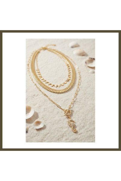 northcity n Gold-Toned Rice-Shaped Seahorse-Adorned Snake Chain Detail Women'...