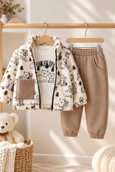 Tuğra Bebe Baby Teddy Bear Print Plush Zip-Up Cardigan, Printed T-Shirt, and ...