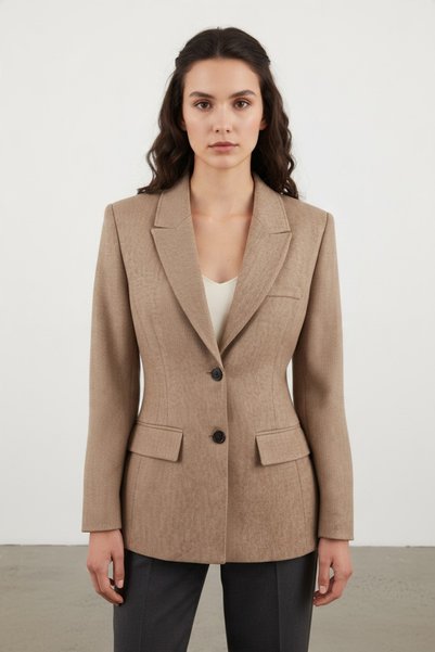 Genel Markalar Kadın Camel Kruvaze Yaka Siyah Düğmeli Dar kesim Pileli Blazer...