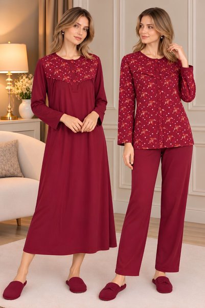 Mecit Pijama طقم بيجامة وقميص نوم نسائي كبير الحجم من ميسيت 6421، لون بوردو، ...