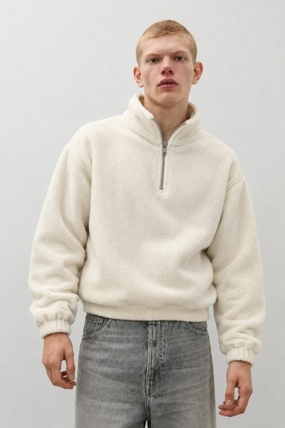 DAMGA JEANS Men's Modern Ecru Fleece-Lined Half-Zip