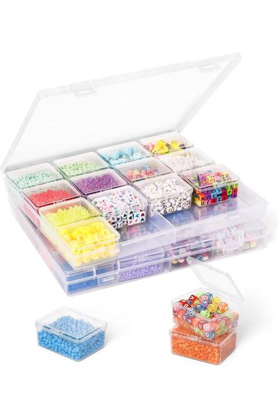 KASTWAVE Clear Plastic Bead Organizer Box, with Hinged Lids and Labels, 32 Pc...