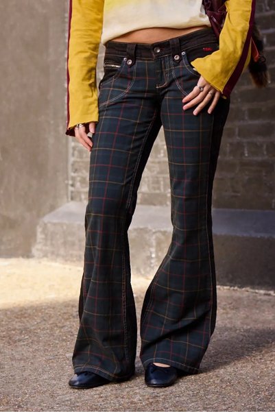 september island Maria Plaid Patchwork Low-Rise Wide-Leg Jeans