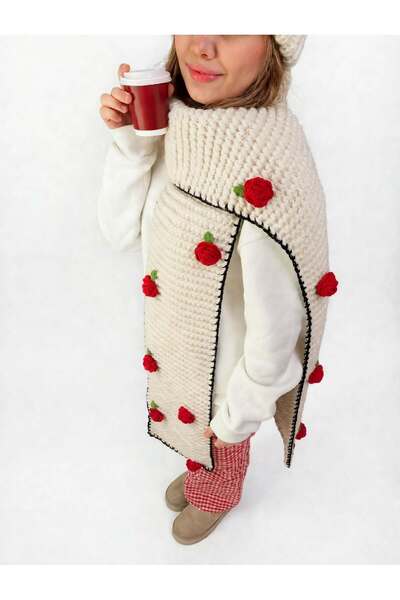 HÜMANATURAL Hand-Knitted Cream Scarf with Red Rose Knitted Detail—A Special Gift