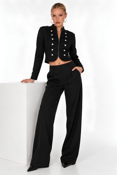 MOVİMENT Black Women's Cropped Blouse with Napoleon Buttons | Stand-Up Collar...