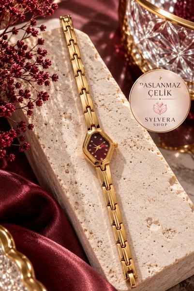 Sylvera Shop ساعة يد نسائية أنيقة بتصميم "باكلافا"، مينا باللون العنابي، سلسل...