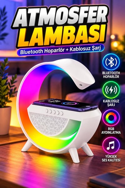 canrodi G Şekli Atmosfer RGB Lamba Bluetooth Hoparlör Kablosuz Şarjlı Akıllı Gece Lambası