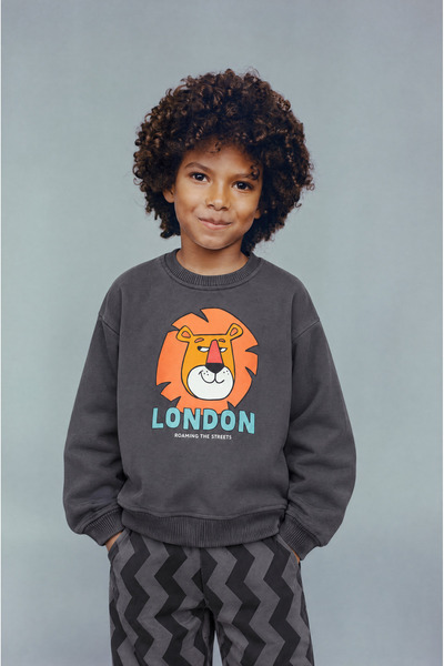 Magu Boys' Cotton Sweatshirt and Sweatpants Set with Lion Print in Anthracite