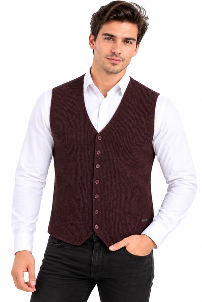 Çizgi Triko Men's Classic Fit V-Neck Button-Down Brass-Knit Sweater Vest BGL-...