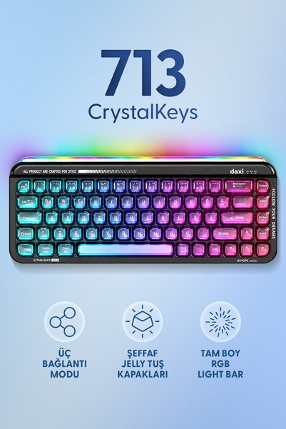 Daxi 713 CrystalKeys Dinamik RGB Oyuncu Klavyesi, Şeffaf Jelly Tuşlar, Blueto...