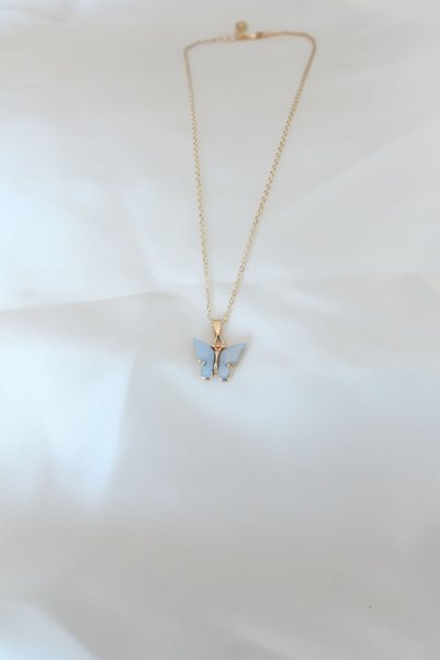 ForWhat Golden-Plated Ice-Blue Mother-of-Pearl Butterfly Necklace for Elegant...