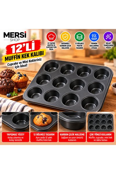 Mersi SHOP 12-Cup Muffin Pan, Black Carbon Steel Metal Baking Sheet, Cupcake ...