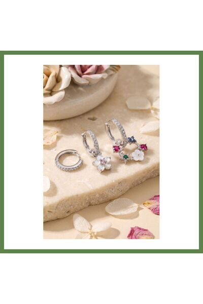 Hobibahçem Set of 3 Silver-Colored Flower-Shaped Earrings HB006
