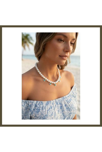 northcity n Natural Pearl-Look Blue Stone Charm Necklace BX