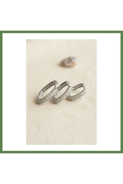 Hobibahçem Set of 3 Silver-Colored Square Hoop Earrings with Zircon Stones HB006