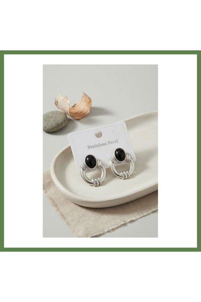 Hobibahçem 316L Stainless Steel Silver-Colored Vintage Earrings with Black St...