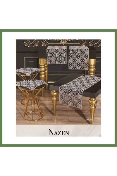 Hobibahçem Beige Nazen Model 5-Piece Embroidered Tulle Table Runner Set for t...