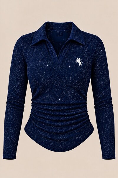 Gofeel Silvery Polo Collar Ribbed Premium Long Sleeve Blouse