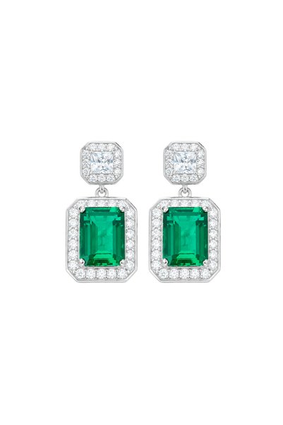 Generic Brand 9K Emerald Cut Lab Created Emerald Drop Earrings, Double Halo L...