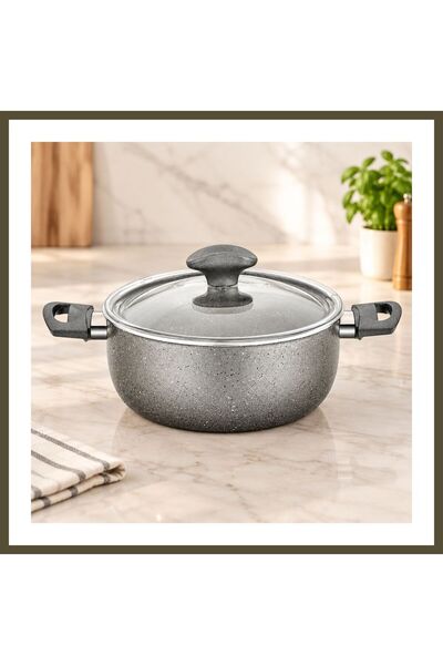 northcity n Granite Deep Pot, 24 cm, Glass Lid, Gray Marble Pattern, BX
