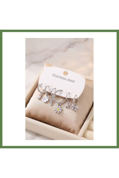 Hobibahçem 316L Stainless Steel Silver-Colored Daisy-Patterned Detailed Women...