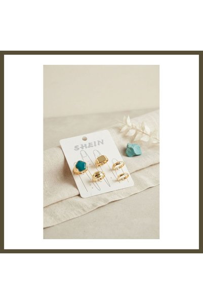 northcity n Gold-Toned Brass Ring Set with Green Stone Embellishments, Bohemi...