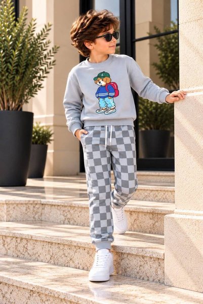 YİGİT BUTİK Boys' Winter Sweatsuit Set with Teddy Bear Print and Checkered Pa...