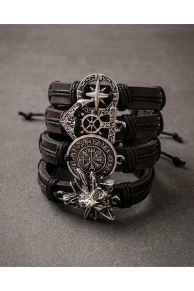 BSN Store Set of 4 Genuine Leather Bracelets with Vegvisir Capa Compass Wolf ...
